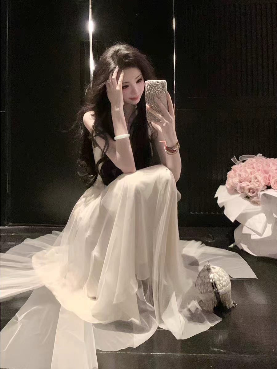 sun 우아한 조 달빛 왈츠 민소매 행침 목 화이트 드레스 쉬폰 롱 스커트