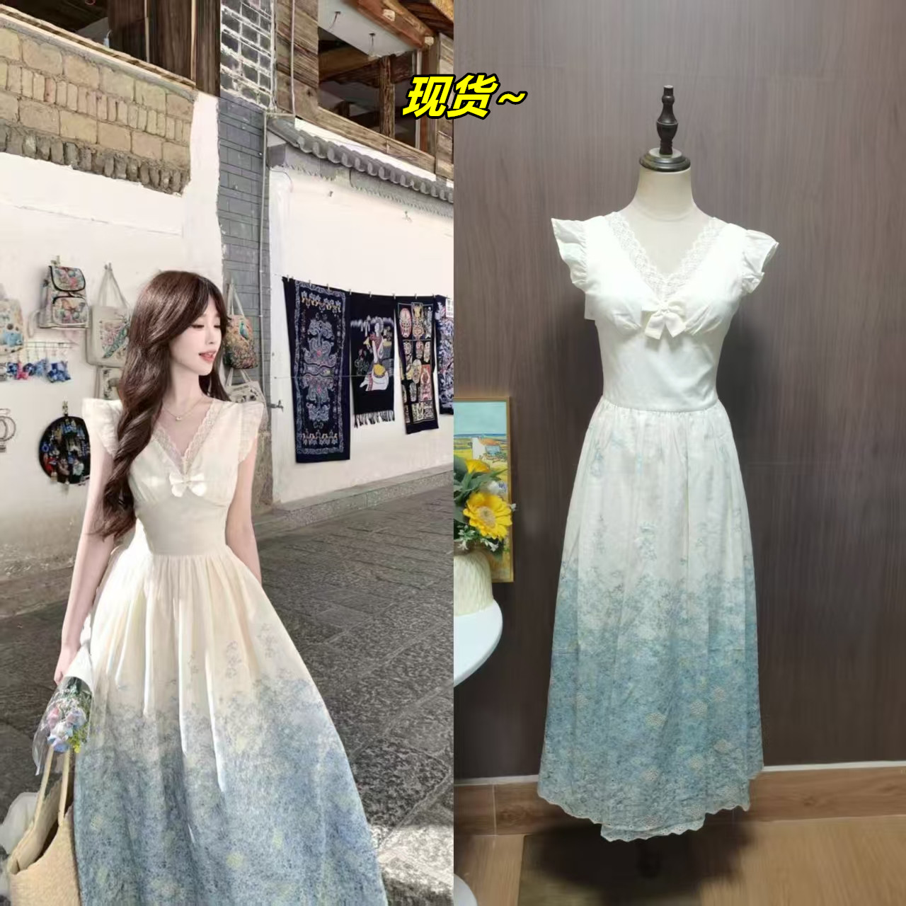 화이트 인사이드 여름 블루 꽃말 프랑스식 포지셔닝 꽃 롱 코트 V넥 달콤함 작은 날다 소매 드레스 품격 허리 수축 롱 스커트