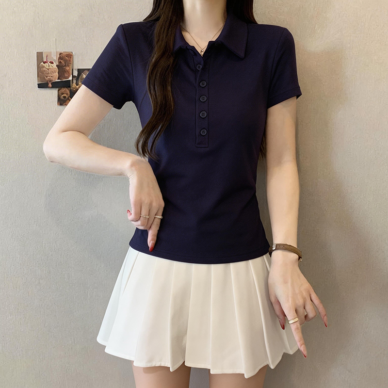 실사 빅 사이즈 지방 mm 반팔 티셔츠 여성 여름 고급 센스 POLO 칼라 맨위 m-4xl