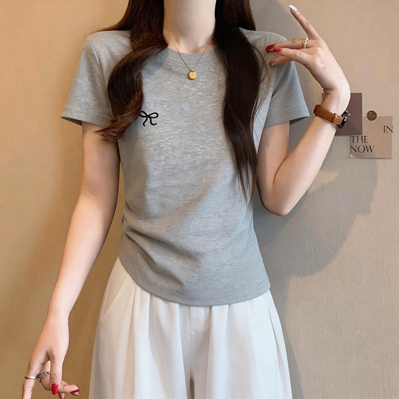 실사 빅 사이즈 지방 mm 반팔 티셔츠 여성 여름 슬림해 보이는 표지 배 자수 맨위 m-4xl