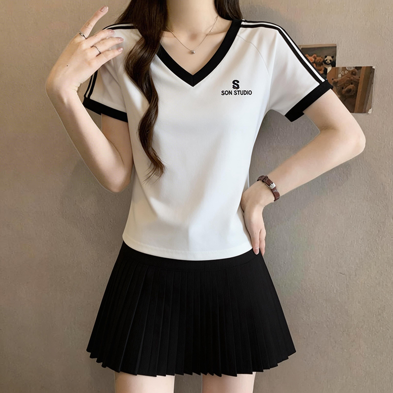 실사 빅 사이즈 지방 mm 반팔 V넥 티셔츠 여성 여름 디자인 센스 표지 배 맨위 m-4xl