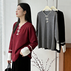 批发实拍大码女装2026春装新款设计新中式针织衫上衣胖mm宽松毛衣打底