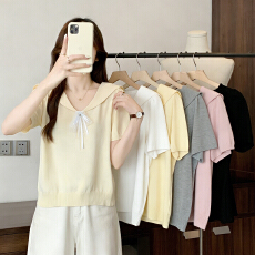 批发实拍大码女装胖mm2026夏装新款宽松显瘦娃娃领冰丝<b class='q'>针织</b>短袖上衣