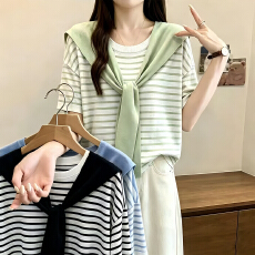 批发实拍大码女装2026夏季新款简约条纹披肩胖妹妹天丝针织短袖上衣女