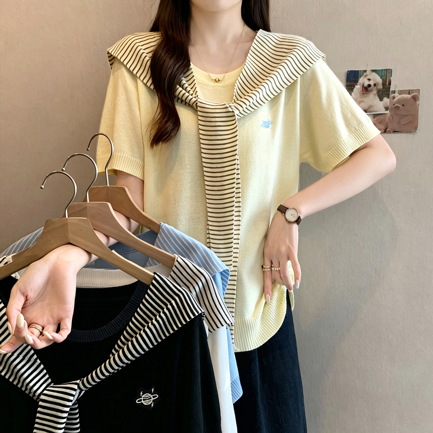 실사 빅 사이즈 여성 의류 2026 여름 새로운 패션 미니멀리즘 숄 통통한 여동생 대나무 마디 마 니트 반팔 맨위