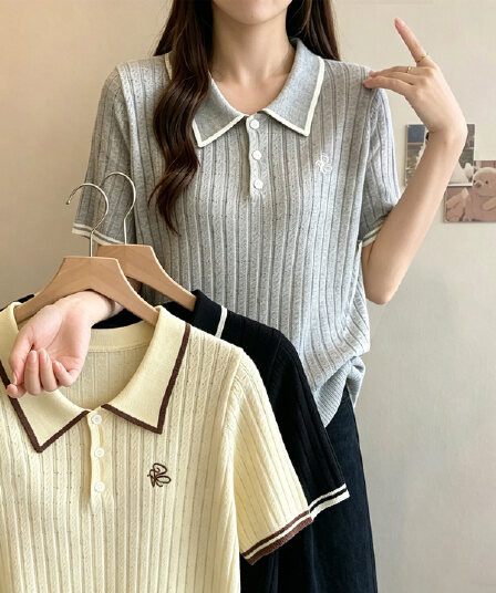 실사 빅 사이즈 여성 의류 20226 여름 새로운 미니멀리즘 다용도 POLO 칼라 지방 mm 주간 실크 니트 반팔 맨위