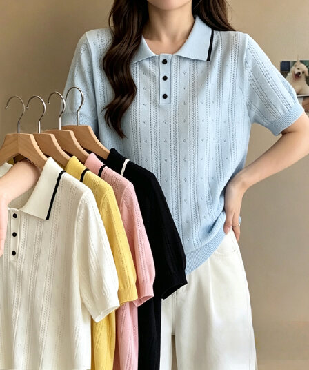 실사 빅 사이즈 여성 의류 2026 여름 새로운 미니멀리즘 슬림해 보이는 POLO 칼라 통통한 여동생 얼음 실크 니트 반팔 맨위