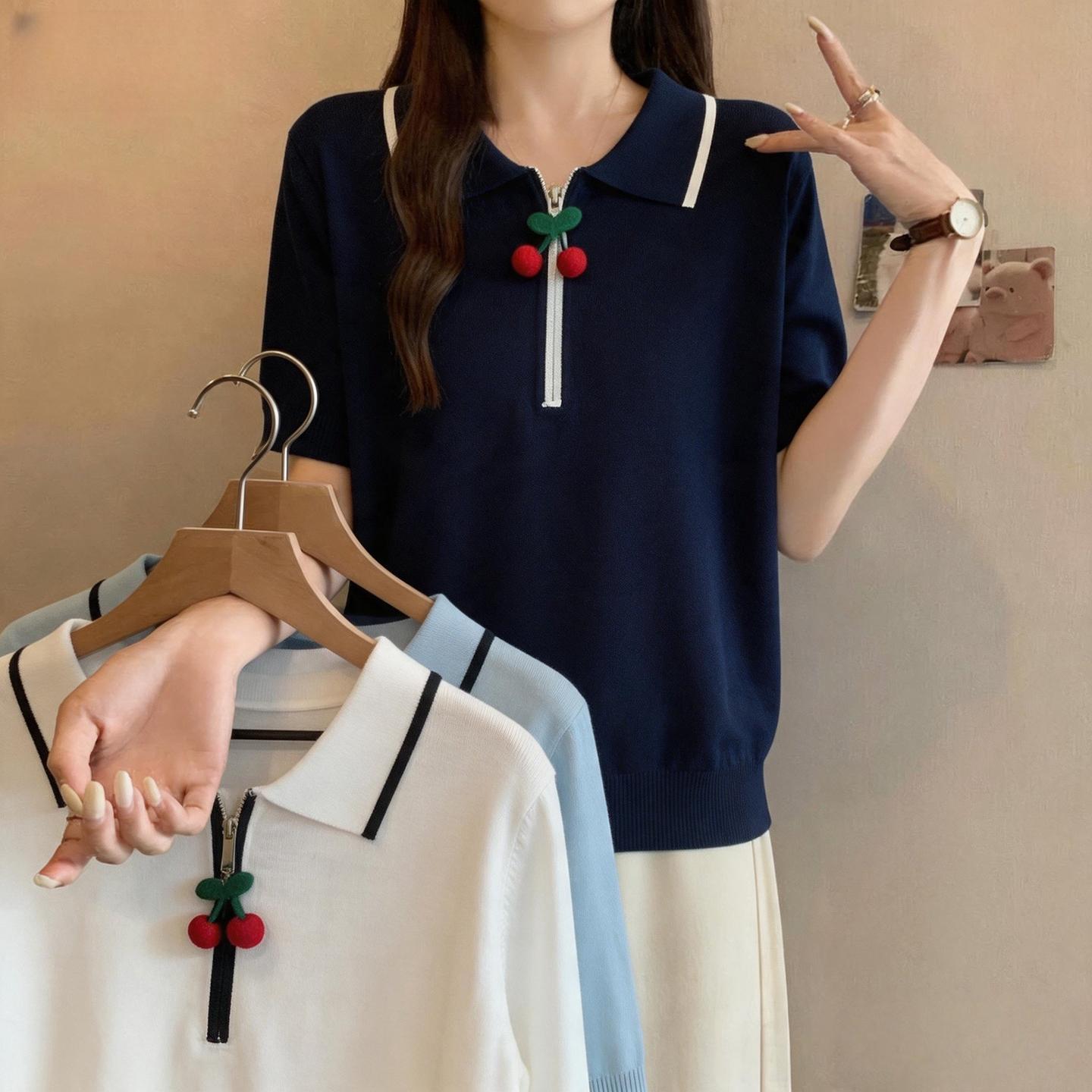 실사 빅 사이즈 여성 의류 2026 여름 새로운 미니멀리즘 슬림해 보이는 POLO 칼라 통통한 여동생 얼음 실크 니트 반팔 맨위