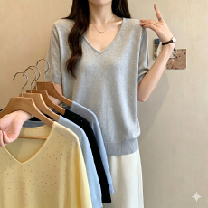 批发<b class='q'>实拍</b><b class='q'>大码</b><b class='q'>女装</b>2026夏季新款简约宽松显瘦V领胖MM双曲针织短袖上衣