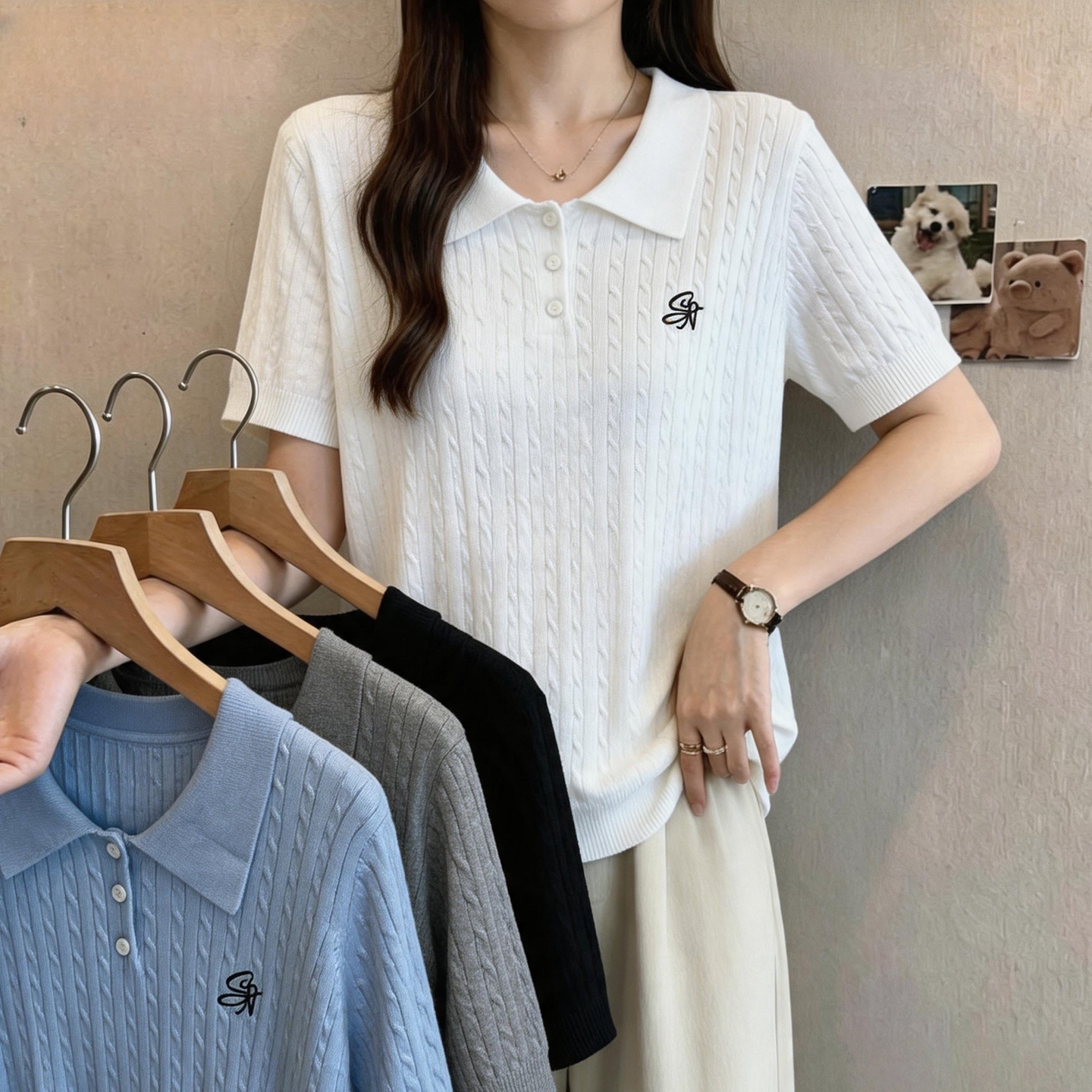 실사 빅 사이즈 여성 의류 2026 여름 새로운 루즈핏 슬림해 보이는 통통한 여동생 POLO 칼라 주간 실크 니트 반팔 맨위