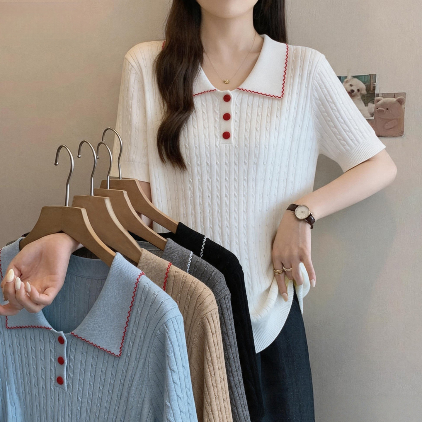 실사 빅 사이즈 여성 의류 2026 여름 새로운 루즈핏 슬림해 보이는 POLO 칼라 지방 mm 얼음 차가운 실크 니트 반팔 맨위