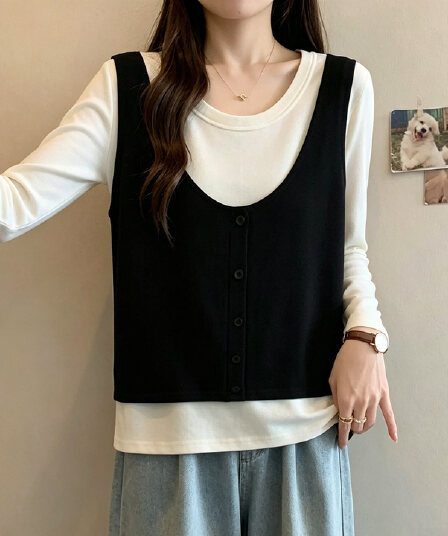 실사 가을 새로운 2026 마이크로 지방 빅 사이즈 루즈핏 페이크 레이어드 6 양모 니트 스웨터 여성 슬림해 보이는 인사이드 가져 가라. 스웨터