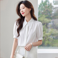 批发2026夏季新款女装上衣短袖雪纺衬衣<b class='q'>女士</b>百搭宽松洋气职业纯色衬衫