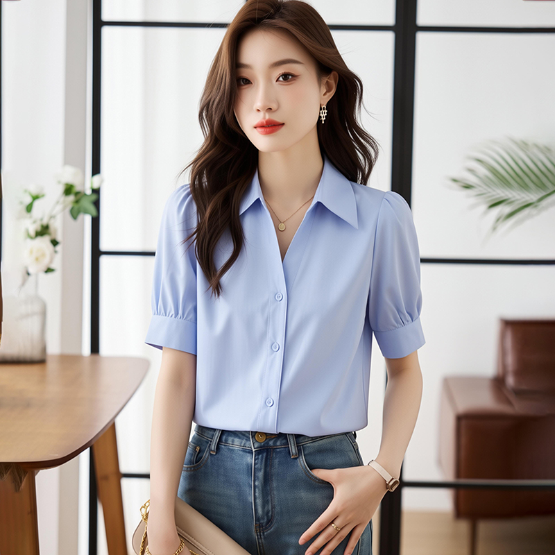 파란색 쉬폰 반팔 여성 셔츠 2026 여름 섹션 V넥 디자인 센스 작은 대중 경력 출퇴근 면접 셔츠 맨위