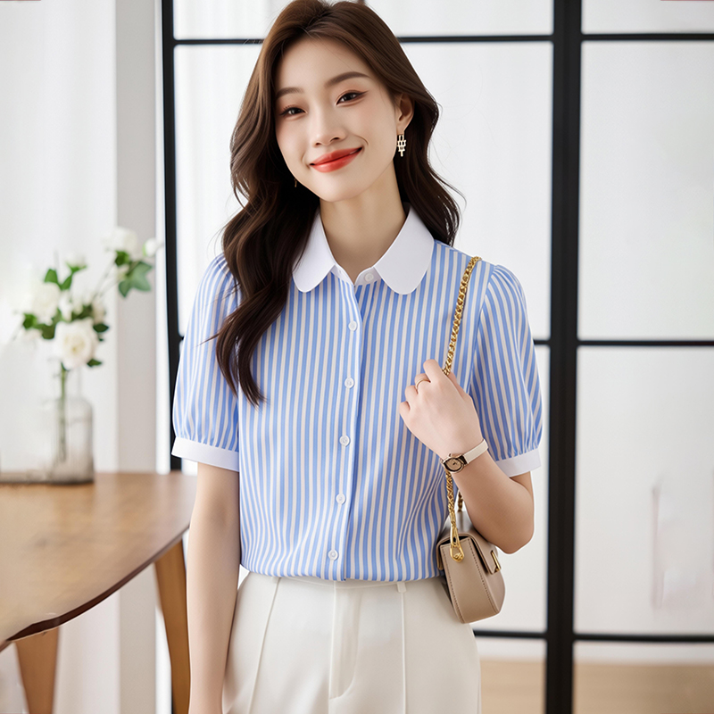 파란색 스트라이프 셔츠 여성용 짧은 소매 디자인 센스 작은 대중 여름 얇은 스타일 베이비 칼라 출퇴근 ol 맨위 여성 셔츠