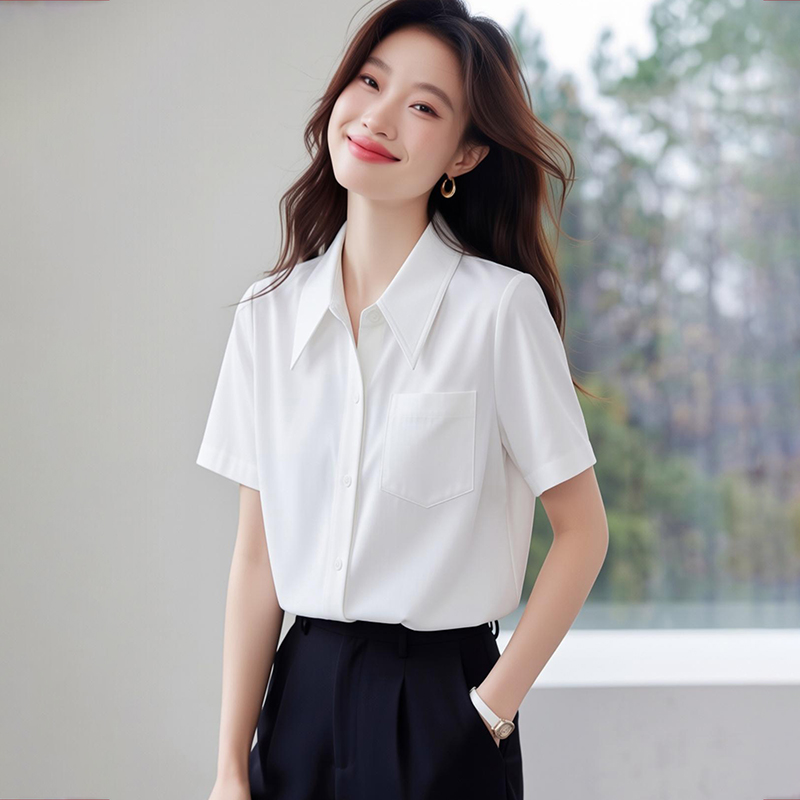 2026 여름 새로운 화이트 한국 스타일 다용도 반팔 여성 셔츠 디자인 센스 포인터 칼라 캐주얼 경력 면접 셔츠