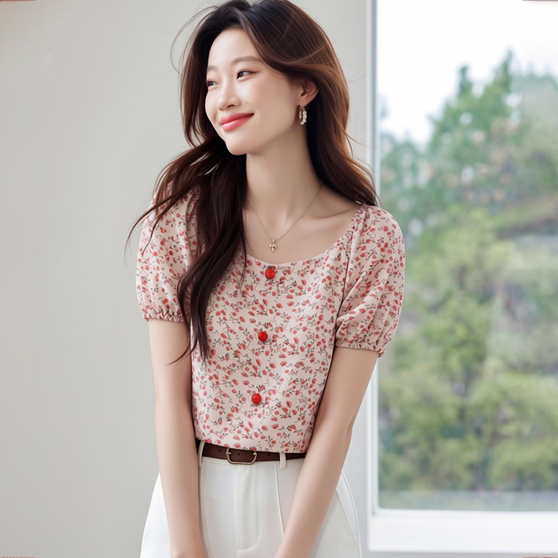 2026 여름 새로운 광장 칼라 작은 꽃무늬 쉬폰 블라우스 여름 표지 배 연령 감소 작은 셔츠 반팔 맨위 트렌디