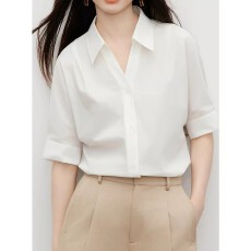 批发白色衬衫女短袖2026<b class='q'>夏季</b>新款女装V字翻领职业衫<b class='q'>工作服</b>宽松上衣