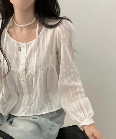 한국 chic 이른 가을 리본 싱글 줄 버튼 긴팔 여성 셔츠