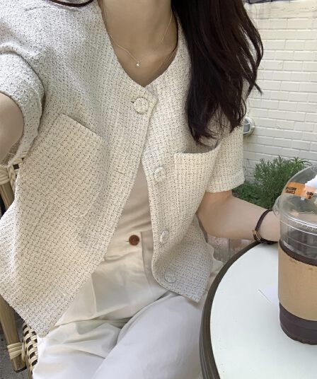 프랑스식 작은 샤넬 스타일 체크무늬 반팔 작은 외투 여성 슬림해 보이는 품격 다용도 오픈 가디건