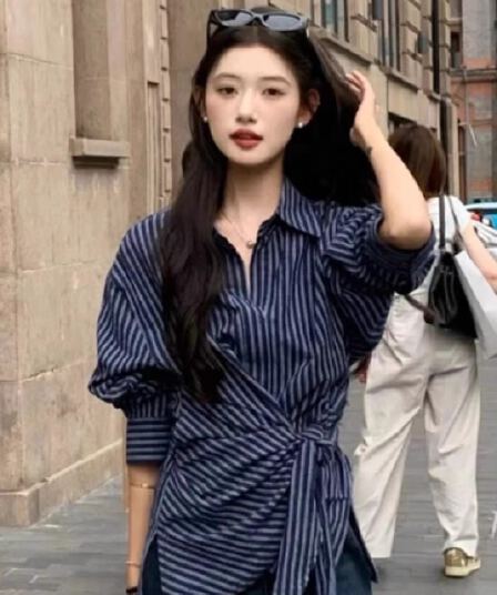 한국 스타일 레트로 디자인 센스 불규칙 허리 수축 레이스업 스트라이프 셔츠 여성 긴 소매 셔츠 패션 품격 맨위 트렌디