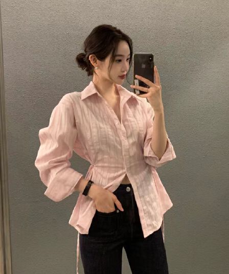 chic 디자인 센스 스트라이프 폴로 칼라 레이스업 긴팔 셔츠 여성 몸매 가꾸기 슬림해 보이는 셔츠