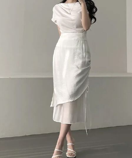 여름 새로운 쉬폰 레이스업 하이웨이스트 주름 롱 스커트
