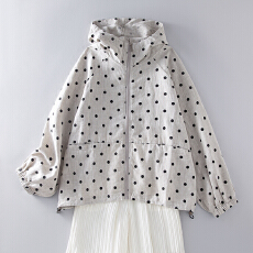 批发<b class='q'>春</b>季新款麻系列长袖连帽拉链波点卫衣外套女宽松