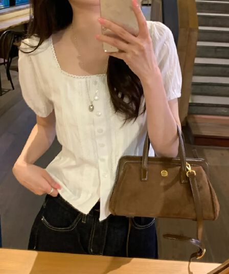 여름 새로운 반팔 나비 매듭 사각형 칼라 레이스 셔츠