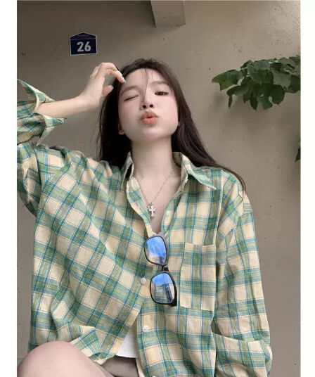 레트로 녹색 체크무늬 여성 셔츠 봄 새로운 다용도 루즈핏 하라주쿠 학원 스타일 긴팔 맨위