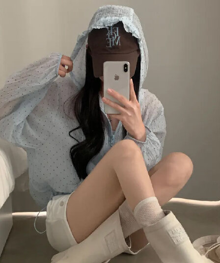 chic 한국 스타일 도트 무늬 후드 태양 보호 셔츠 여성