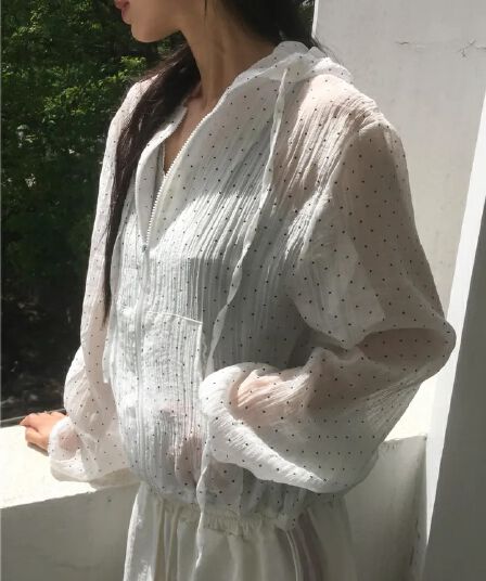 여름 루즈핏 도트 무늬 캐주얼 다용도 나일론 후드 지퍼 방풍 재킷