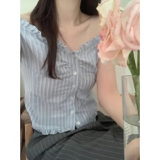 批发夏日褶边条纹可露肩两穿衬衫