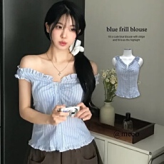 批发夏季性感褶边条纹可露肩两穿衬衫