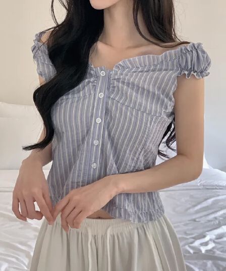 Pleat 측면 섹시함 오프숄더 스트라이프 둘 착용 슬립 셔츠