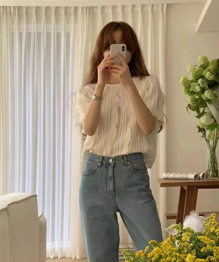 여름 섹션 주름 질감 센스 레이스 라운드 넥 반팔 여성 셔츠