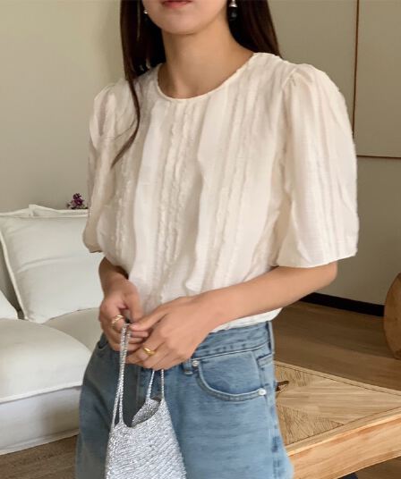 한국 스타일 품격 주름 디자인 프릴 레이스업 루즈핏 셔츠