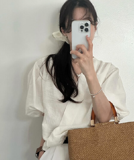 한국 스타일 여름 루즈핏 V넥 거품 소매 품격 포장 몸 반팔 셔츠