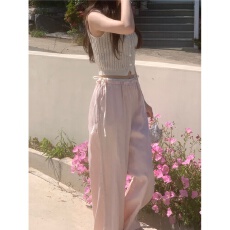 批发复古气质点缀夏日两侧蝴蝶结系带拼接高腰阔腿休闲裤