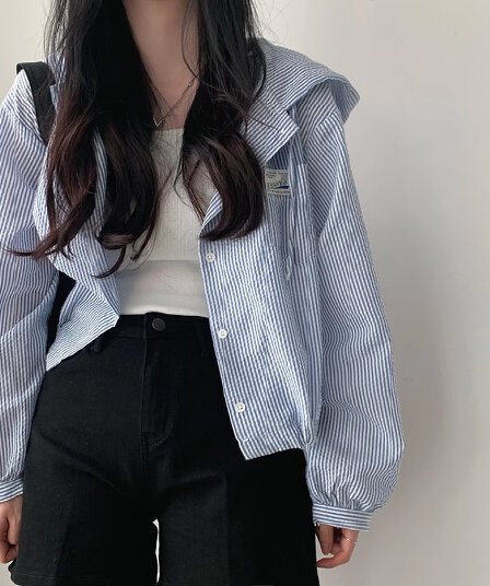 한국 chic 이른 가을 패션 품격 세로 줄무늬 배색 후드 부서 버클 루즈핏 캐주얼 다용도 쇼트 스타일 여성 코트