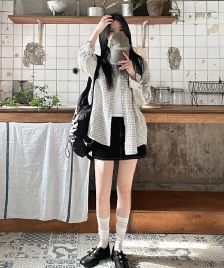 이른 가을 주름 장식 센스 체크무늬 긴팔 polo 여성 셔츠 느긋한 루즈핏 재킷 셔츠