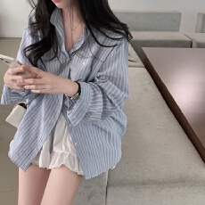 批发早秋百搭宽松条纹长袖衬衫上衣