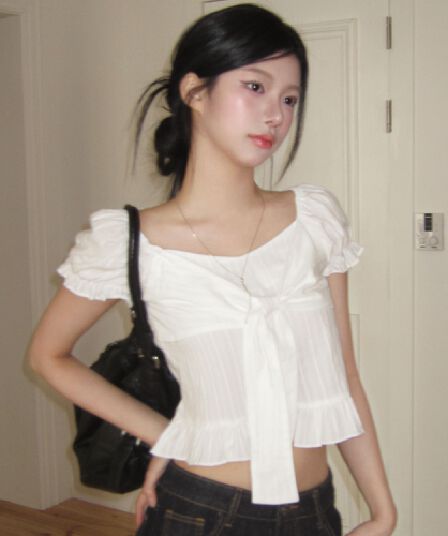 한 부서 달콤함 작은 대중 나비 넥타이 프릴 거품 소매 작은 키 쇼트 스타일 셔츠 맨위 여성