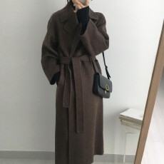 批发韩国春秋<b class='q'>新款</b>气质修身系带收腰过膝长款仿羊绒毛呢外套大衣女