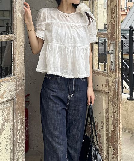 여름 새로운 레이스 레이스 라운드 넥 셔츠 맨위