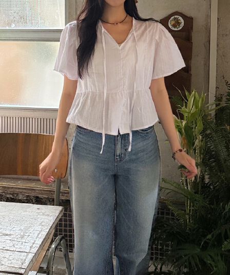 여름 새로운 반팔 레이스업 싱글 줄 버튼 쉬폰 블라우스 셔츠
