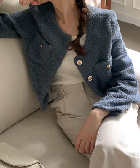 chic 프랑스식 작은 샤넬 스타일 미니멀리즘 쇼트 스타일 싱글 줄 버튼 모직 여성 코트