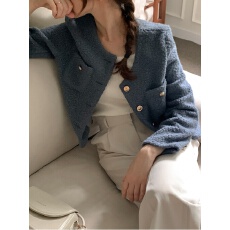 批发chic法式小香风简约短款单排扣毛呢外套女