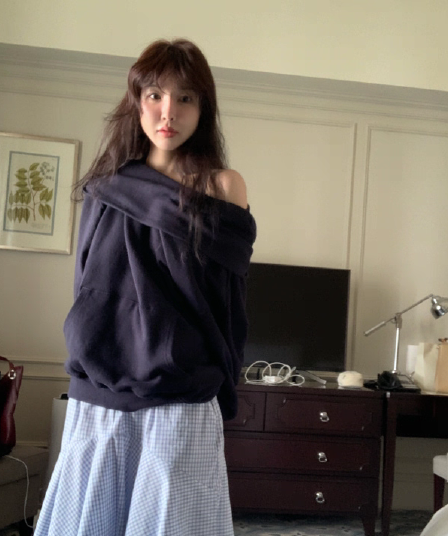한국 스타일 고급 디자인 센스 면 소재 귀여운 캥거루 뒤집기 칼라 오프숄더 맨위 후드 티 스웨터