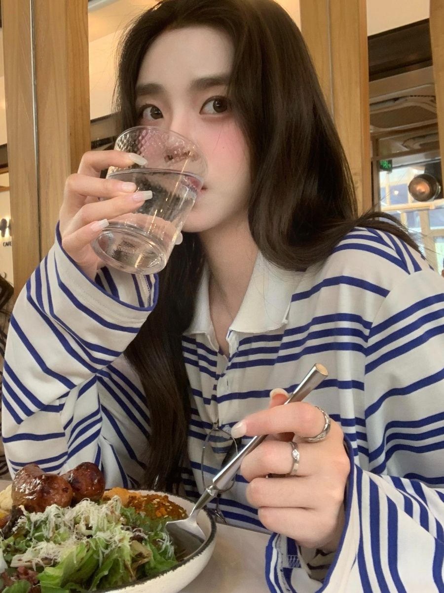 원본 형세 천 POLO 칼라 스트라이프 생방송 품질 라운드 넥 맨위 여성 의류